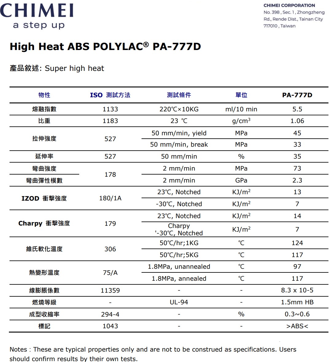 奇美ABS PA-777D物理性能