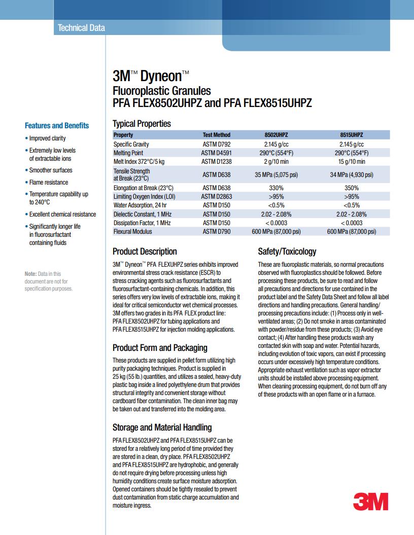 3M™ Dyneon™ Fluoroplastic PFA FLEX8502UHPZ物性表