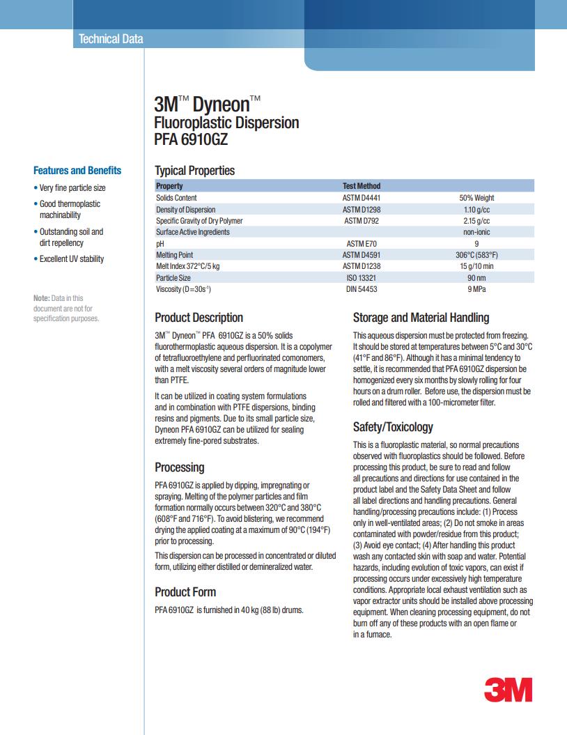 3M™ Dyneon™ Fluoroplastic PFA 6910GZ物性表