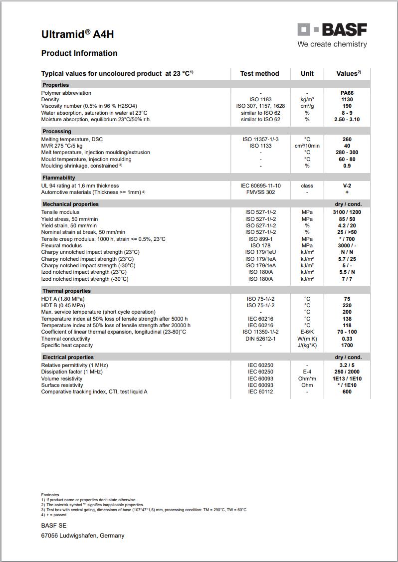 Ultramid® A4H 巴斯夫英文加工物性表