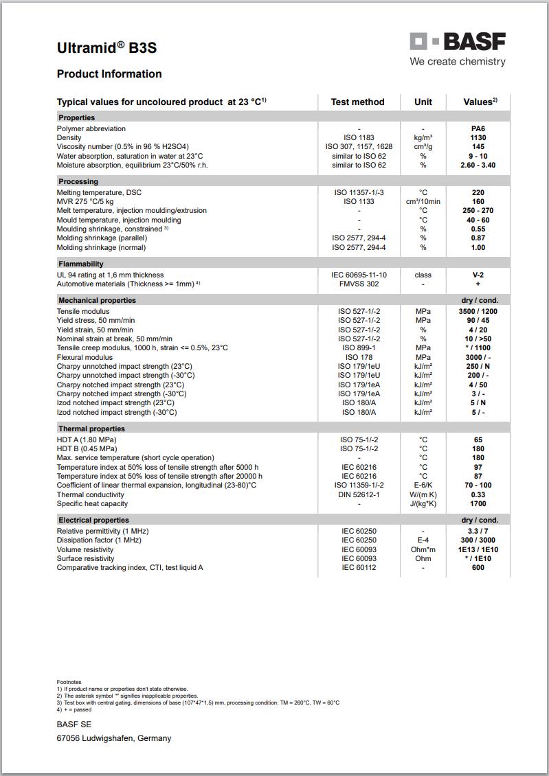 Ultramid® B3S 巴斯夫英文版加工成型注塑参数表