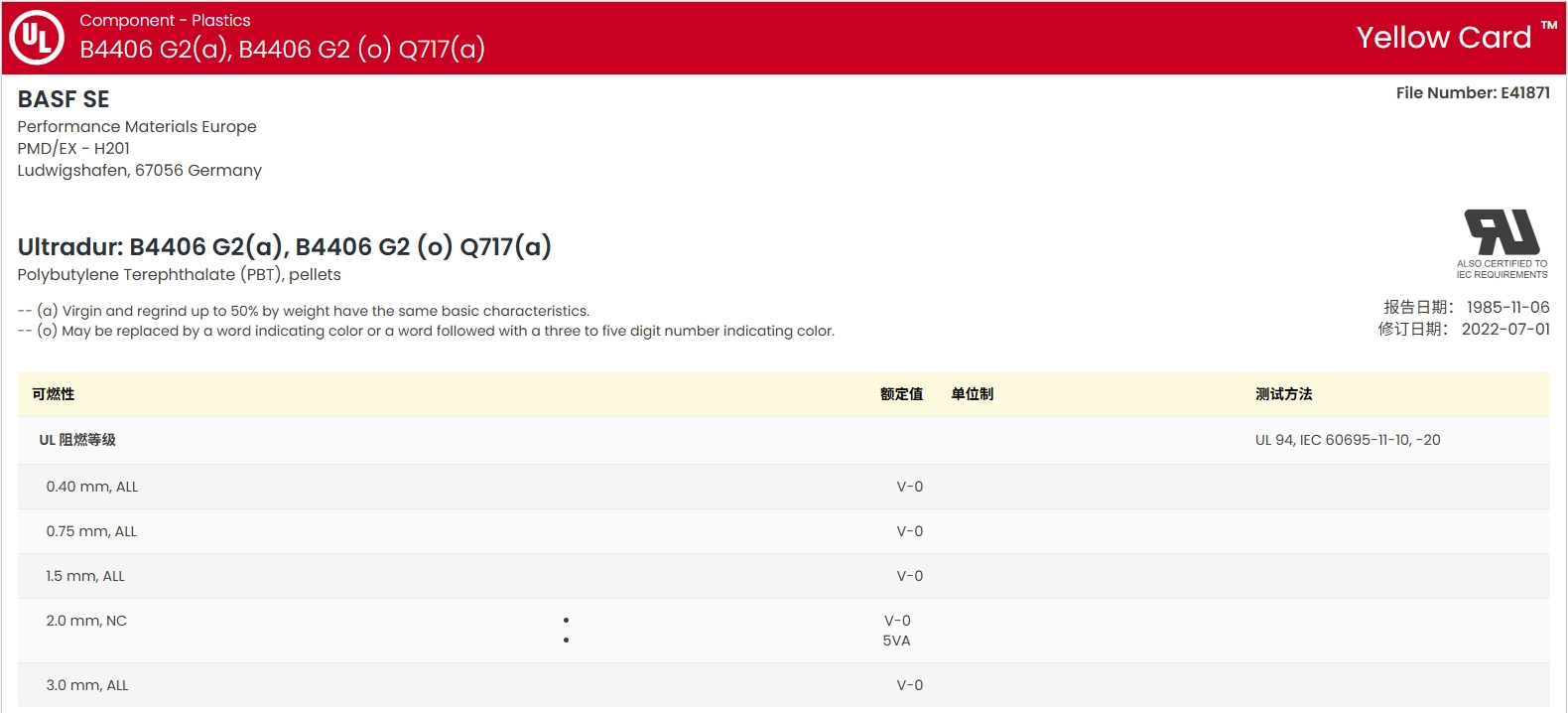Ultradur® B 4406 G2 UL:E41871-233786 证书图1
