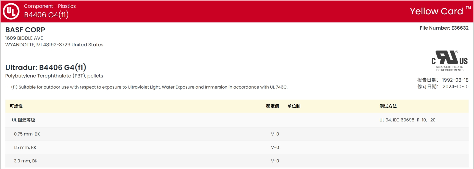 Ultradur® B 4406 G4 UL:E36632-100378527 证书图1