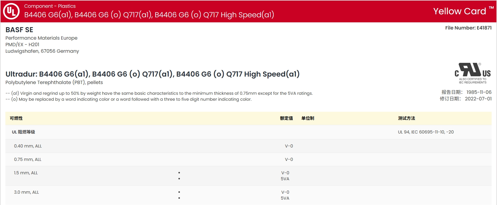 Ultradur® B 4406 G6 Q717 UL:E41871-233791 证书图1