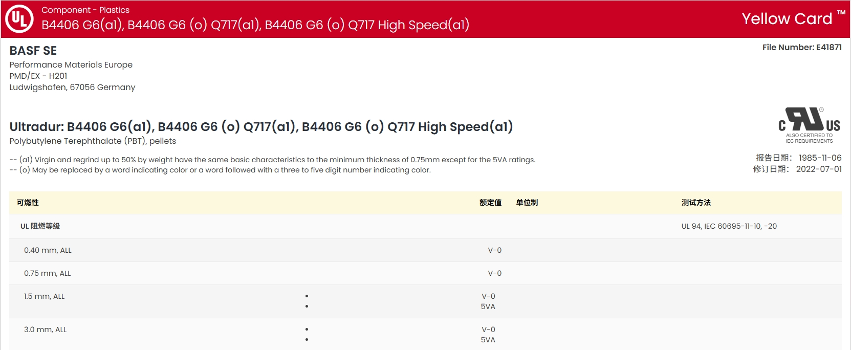 Ultradur® B 4406 G6 UL:E41871-233791 证书图1