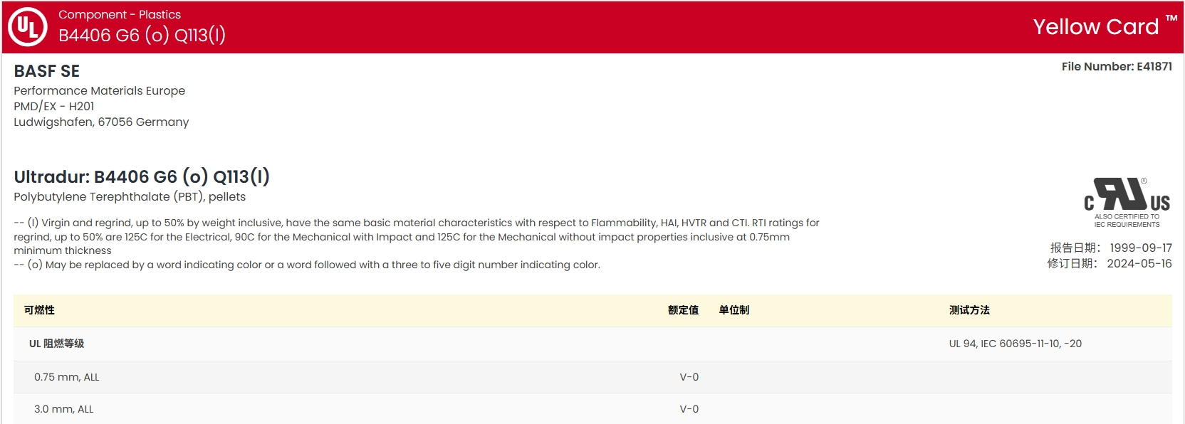 Ultradur® B 4406 G6 Q113 UL:E41871-233790 证书图1