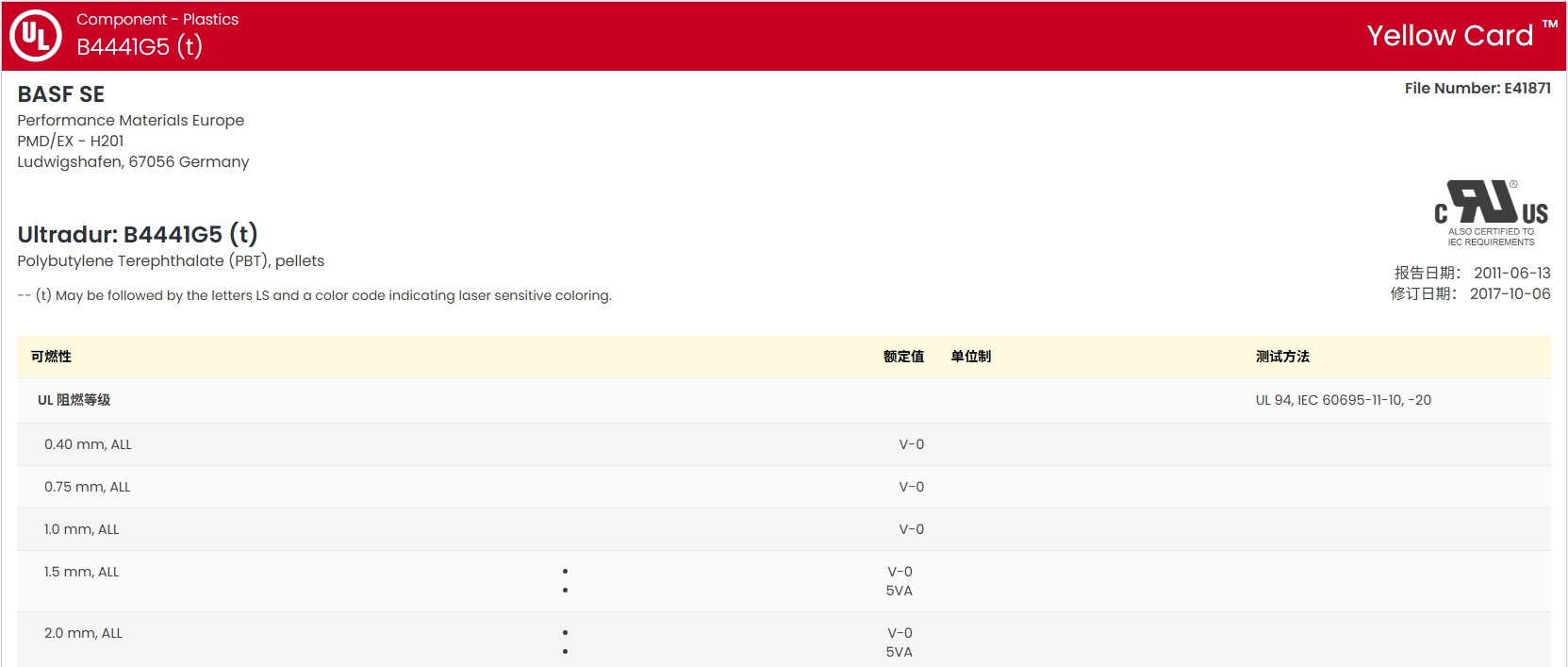 Ultradur® B 4441 G5 UL:E41871-100950667 证书图1